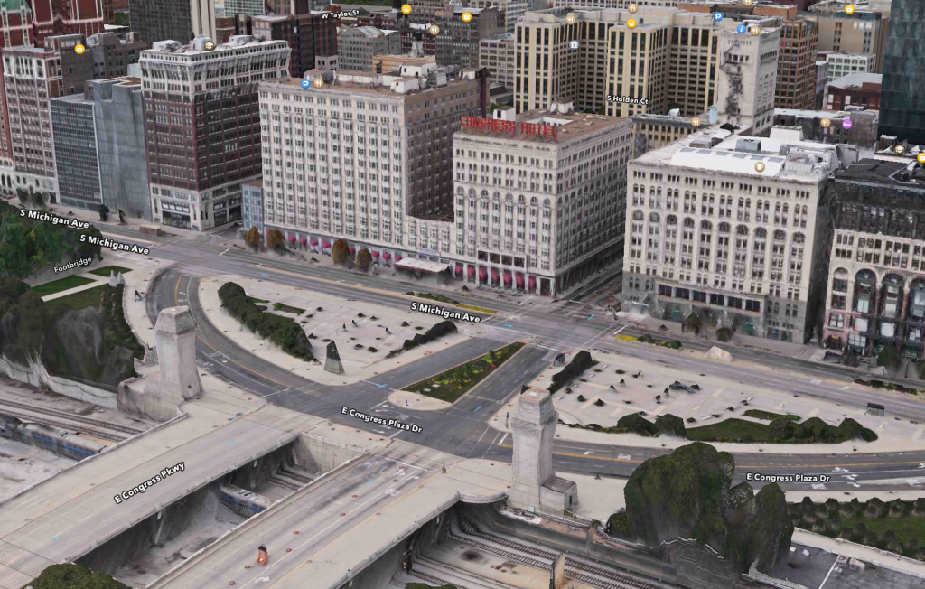 A 3D view of the Congress Hotel on Michigan Ave. in Chicago as seen in Apple's new Maps Desktop App.